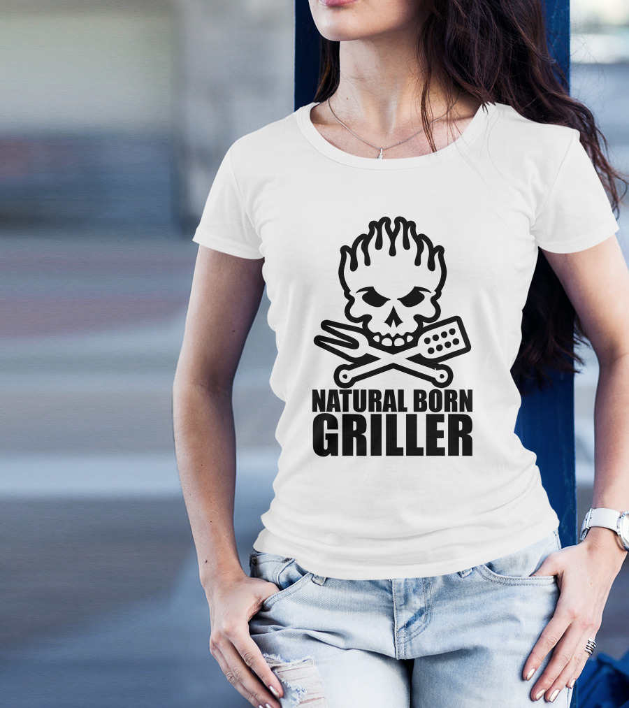 Natural Born Griller Skull Flames Fork Spatula Crossbones T-Shirt