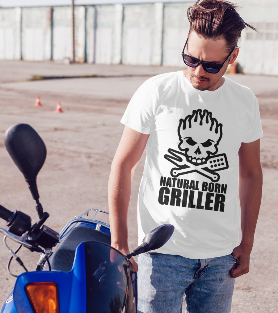 Natural Born Griller Skull Flames Fork Spatula Crossbones T-Shirt
