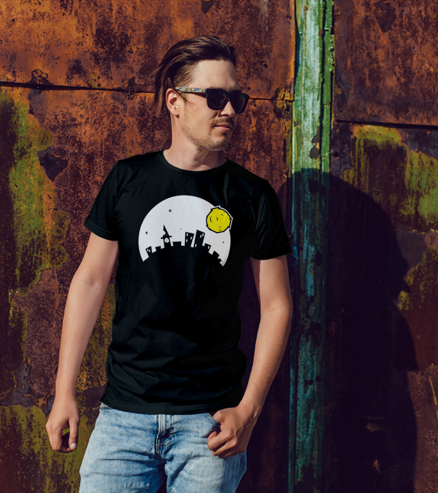 Night Time Cityscape With Crescent Moon And Stars T-Shirt
