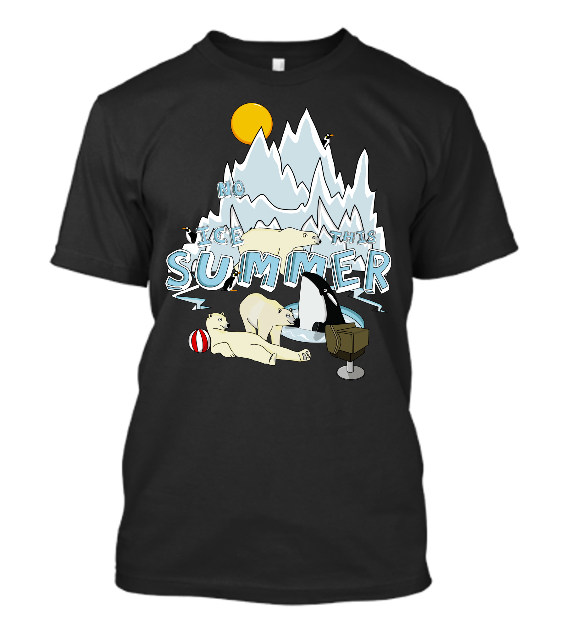 No Ice This Summer Polar Bears And Penguins Relaxing By Melting Icebergs T-Shirt
