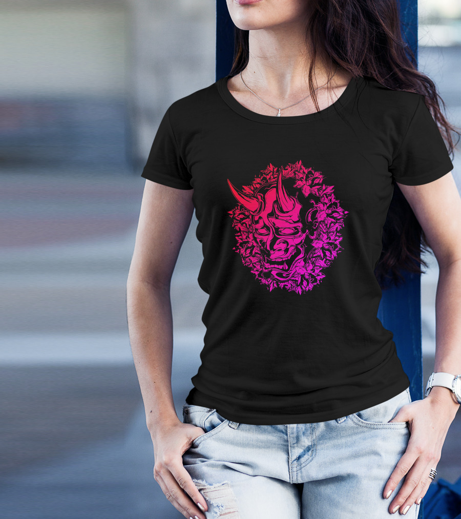 Oni Mask With Floral Wreath In Vibrant Pink T-Shirt