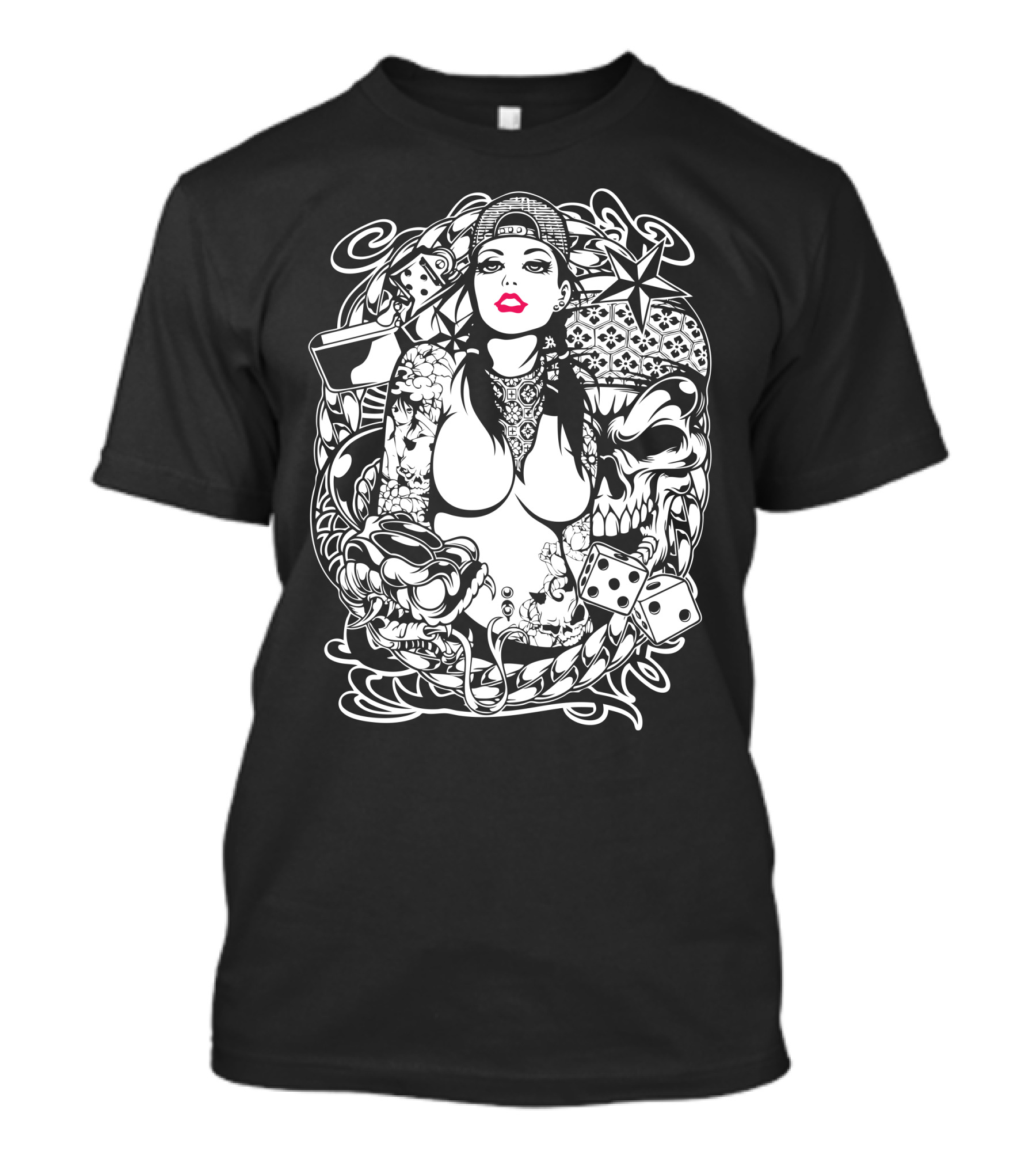 Pink Lips Girl Skull Dice Tattoo Art Skull Chains Roses T-Shirt