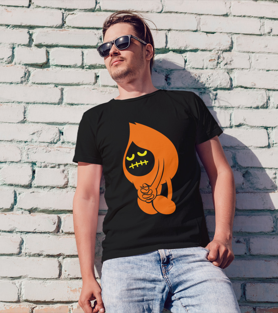 Sad Inker Tearful Teardrop Character In Black And Orange T-Shirt