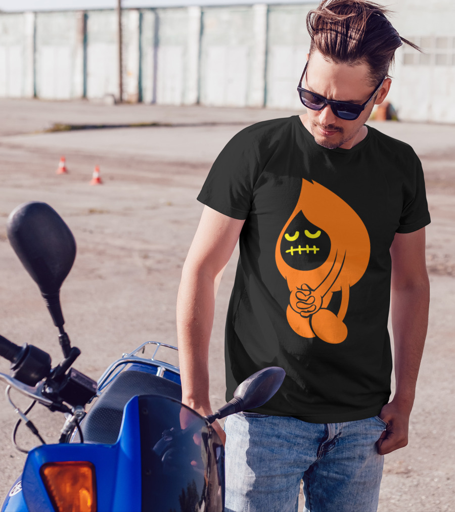 Sad Inker Tearful Teardrop Character In Black And Orange T-Shirt
