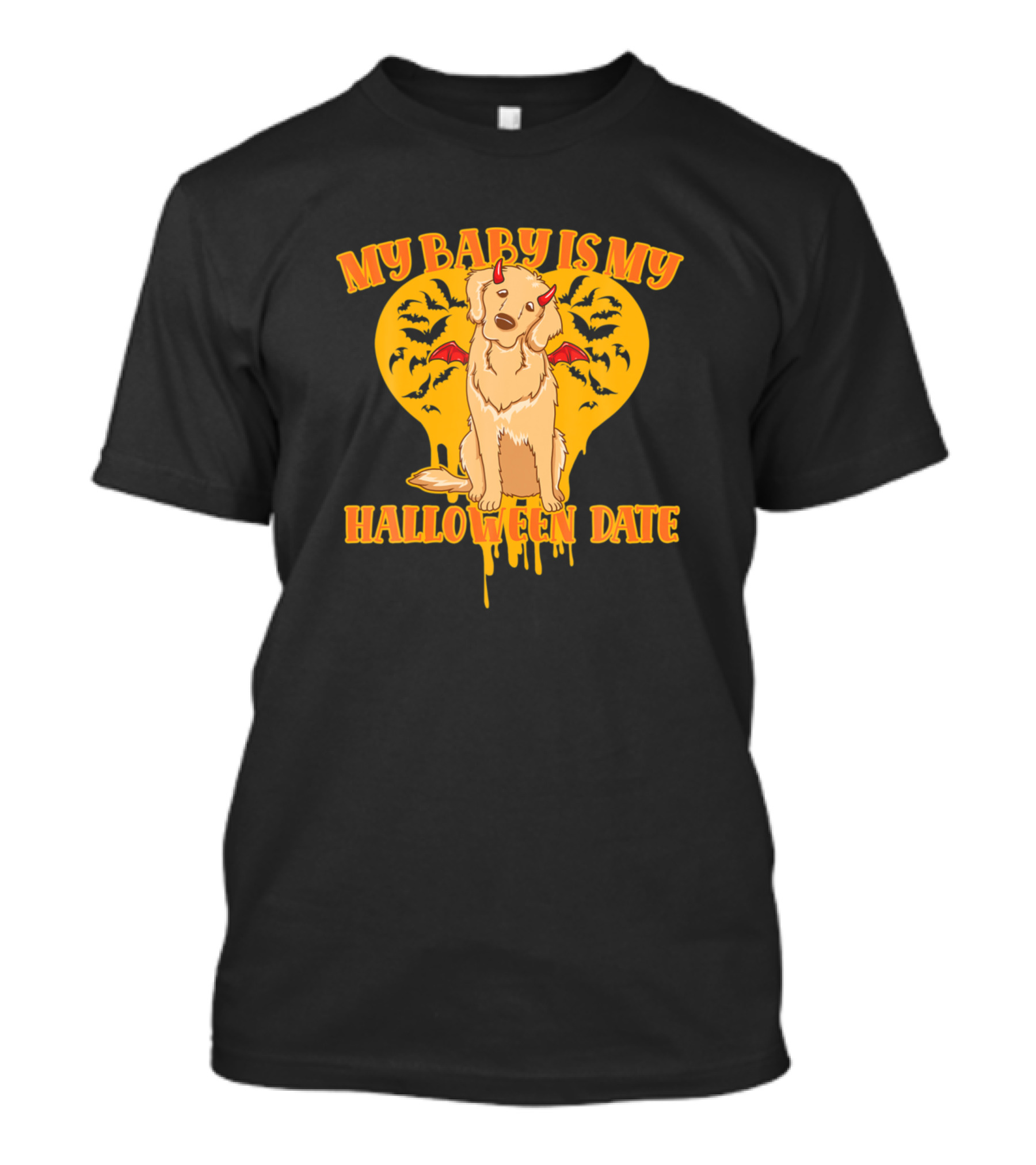 My Baby Is My Halloween Date Golden Retriever Devil With Bats And Heart Backdrop T-Shirt