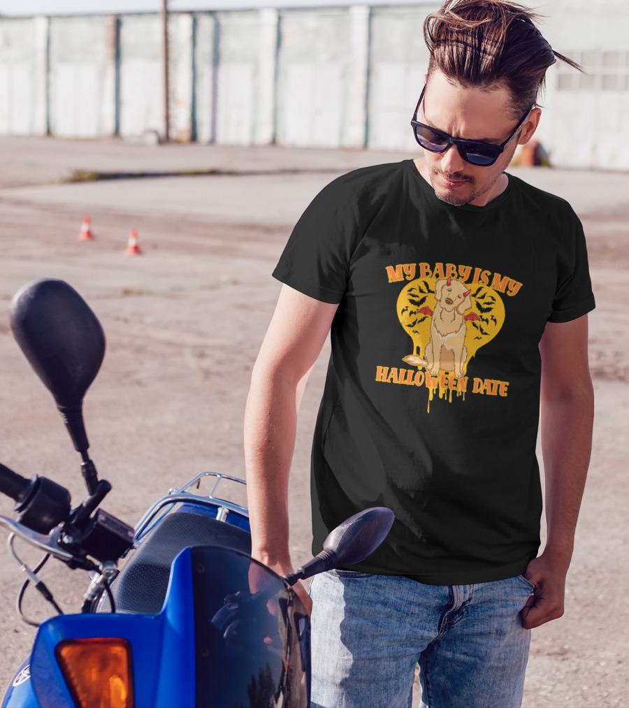 My Baby Is My Halloween Date Golden Retriever Devil With Bats And Heart Backdrop T-Shirt
