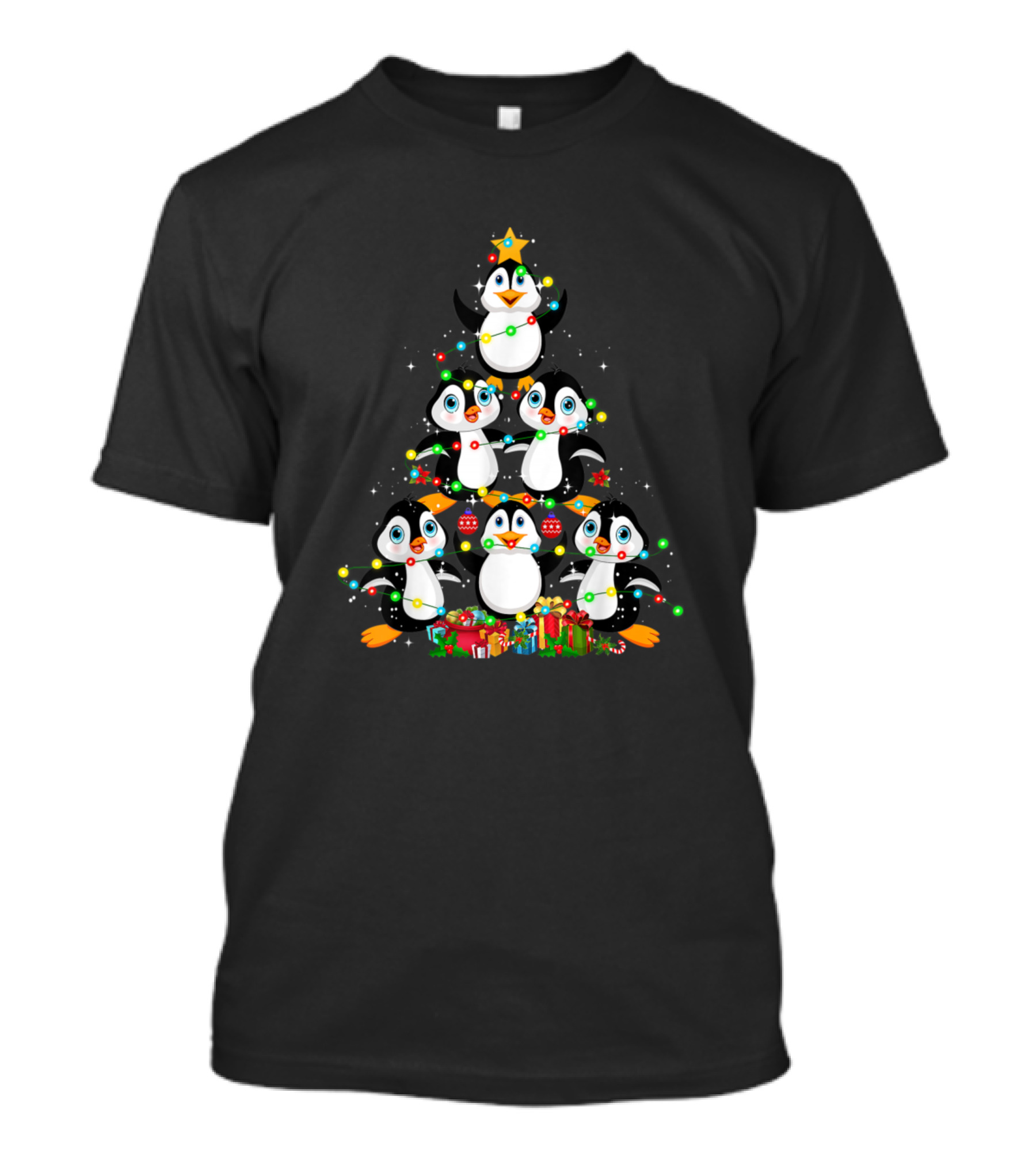 Penguins Christmas Tree Holiday Celebration With Lights And Gifts T-Shirt