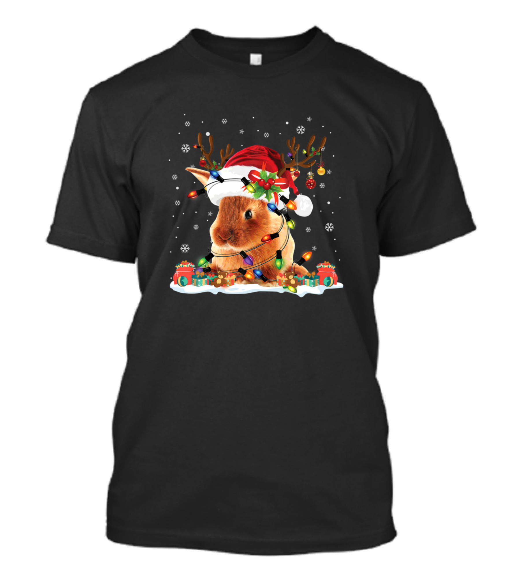 Rabbit With Santa Hat Reindeer Antlers Christmas Lights And Gifts T-Shirt