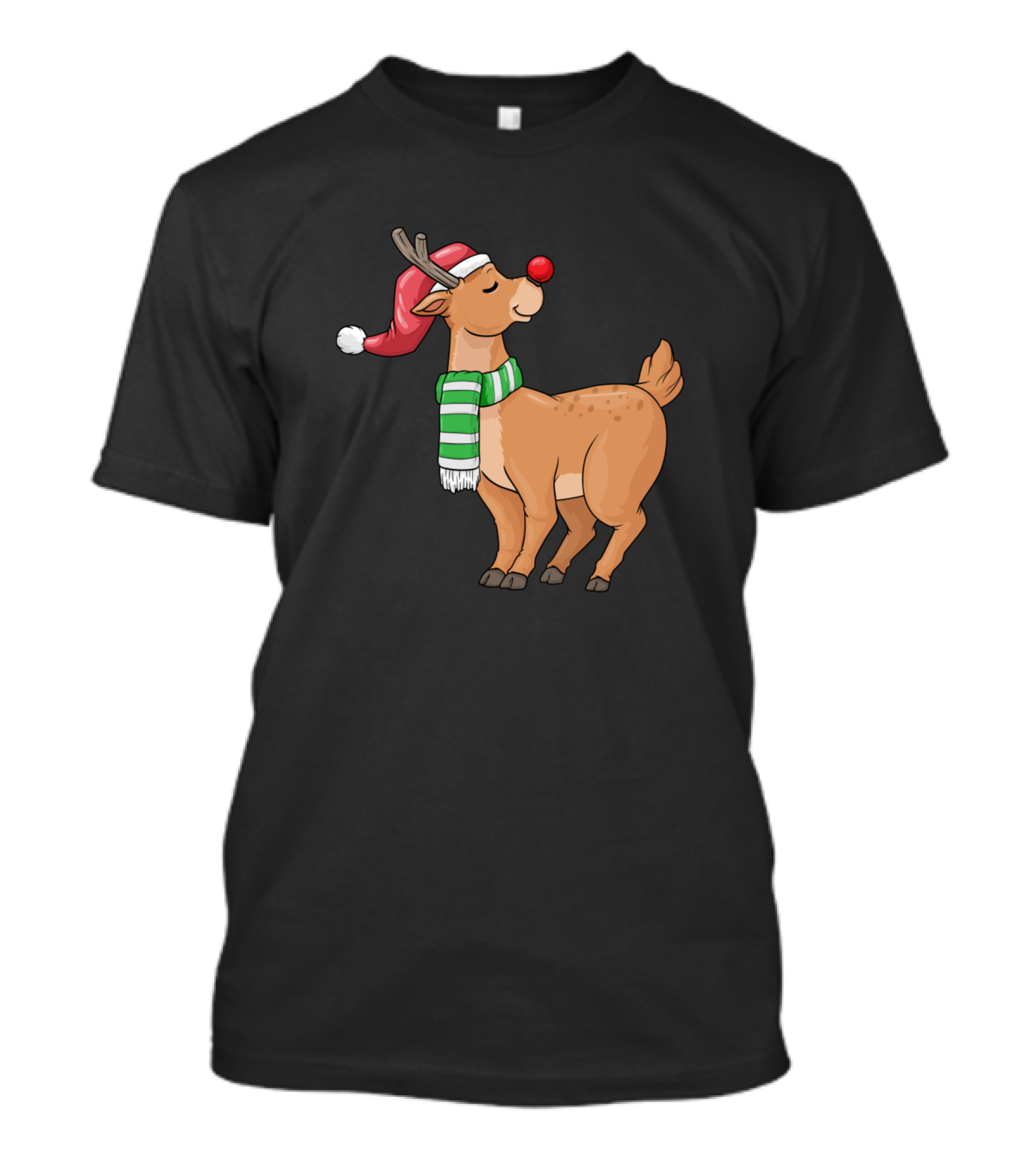 Reindeer Smiling With Red Nose Santa Hat And Green Scarf T-Shirt