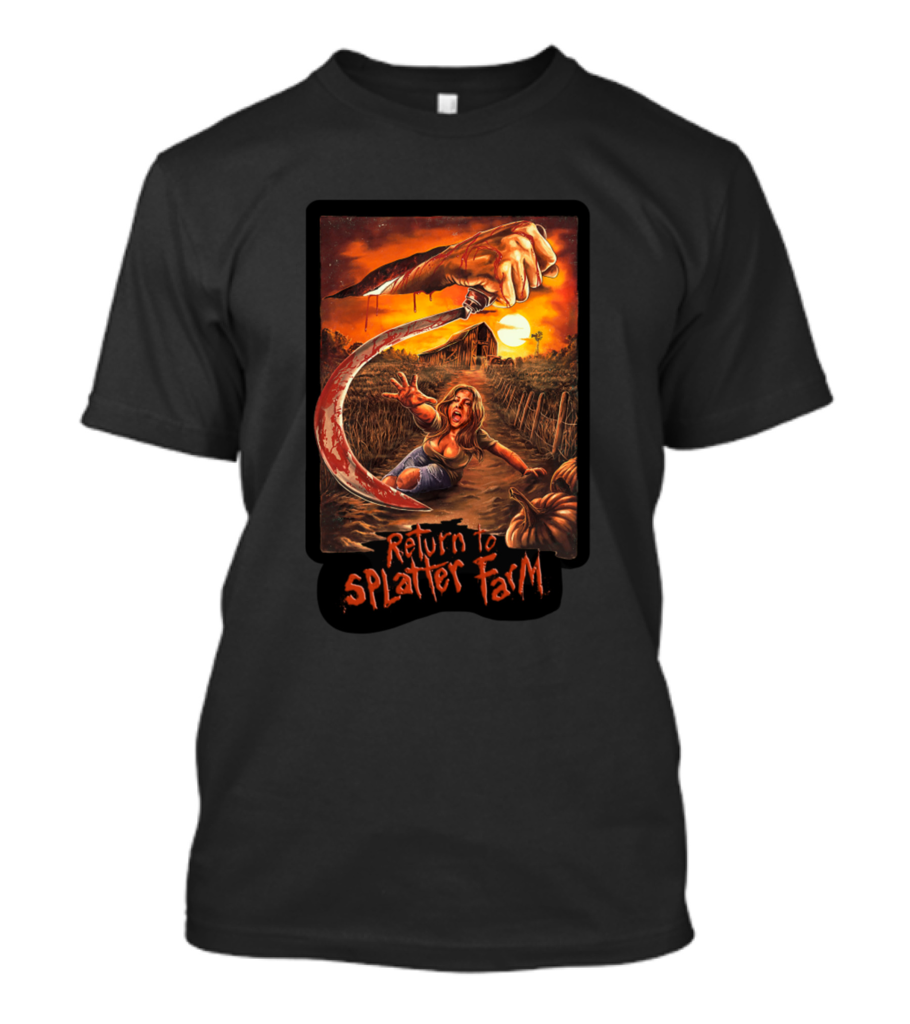 Return To Splatter Farm Horror Scene With Woman Running From Giant Knife Hand In Pumpkin Field At Sundown T-Shirt