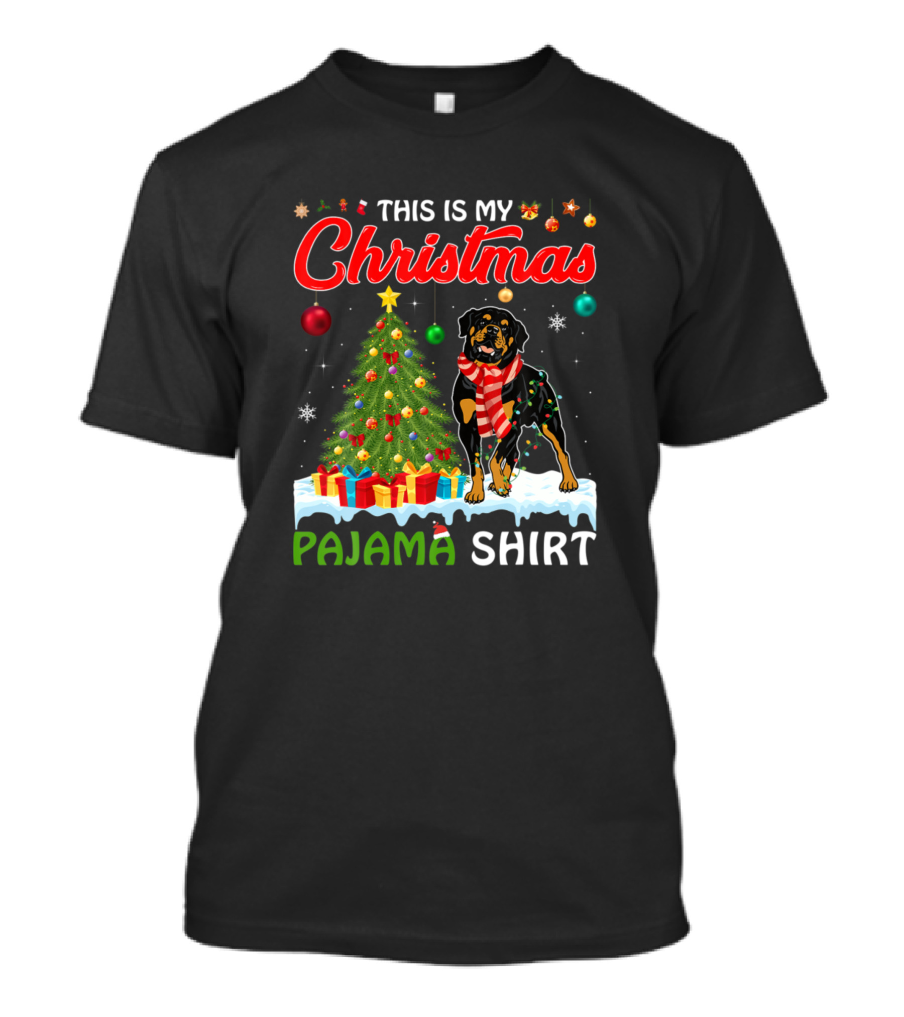 This Is My Christmas Pajama Shirt Rottweiler Dog Tree Lights Fun Hat Santa T-Shirt