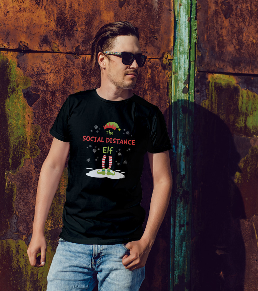 The Social Distance Elf Merry Christmas Humor T-Shirt
