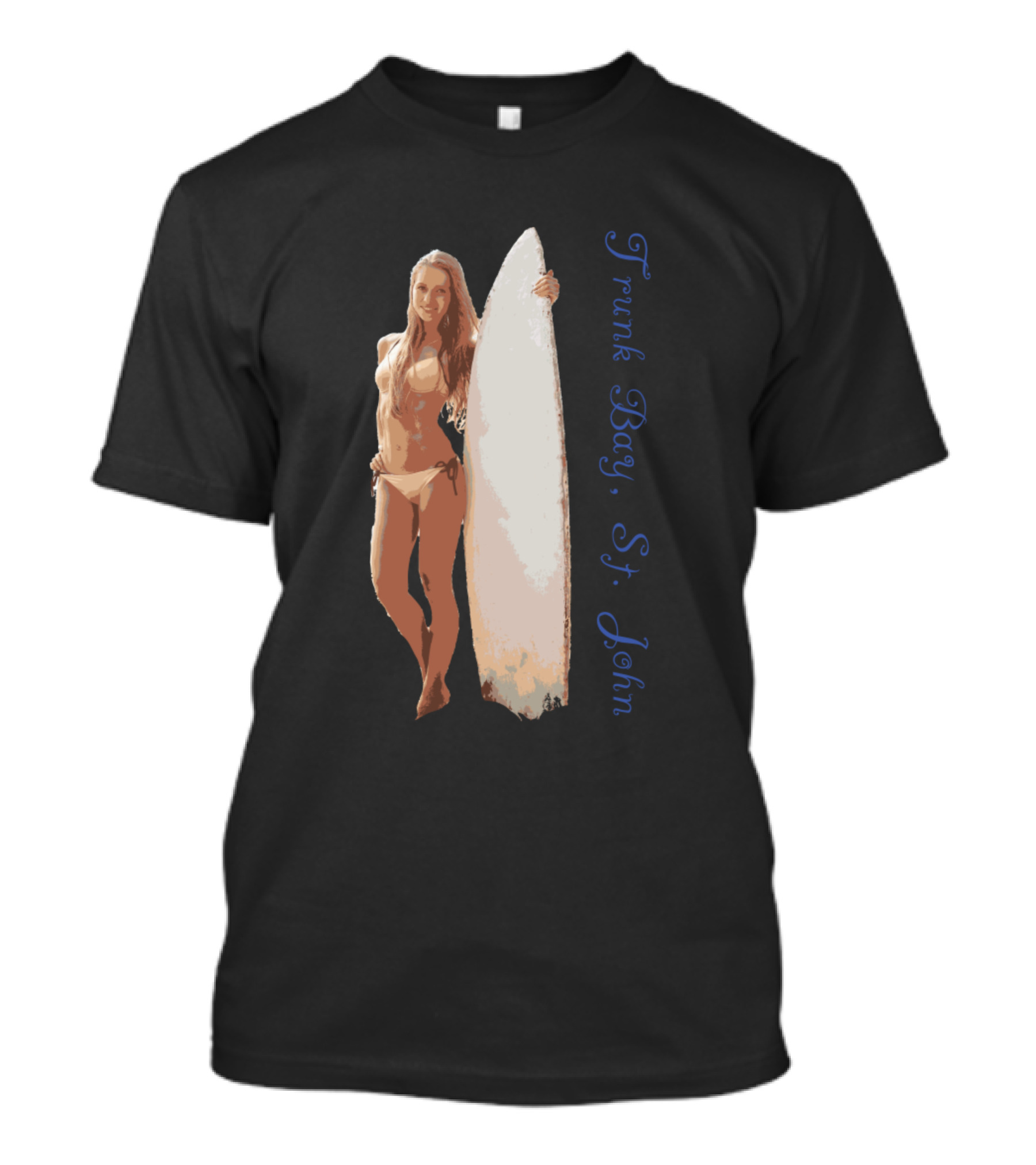 Trunk Bay St John Surfing Woman With Surfboard T-Shirt