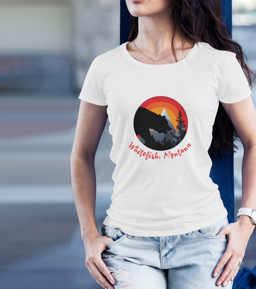 Whitefish Montana Bear Silhouette And Mountain Sunset T-Shirt