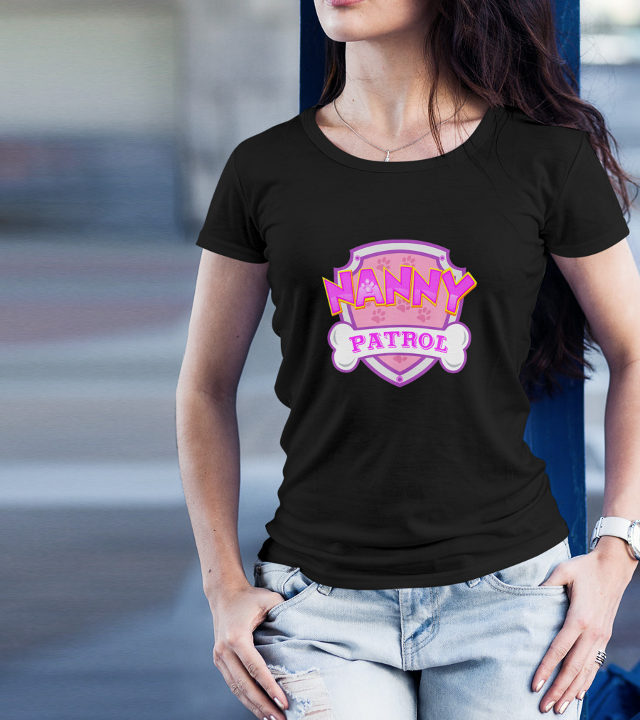 Nanny Patrol Pink Shield With Bone And Paw Prints T-Shirt