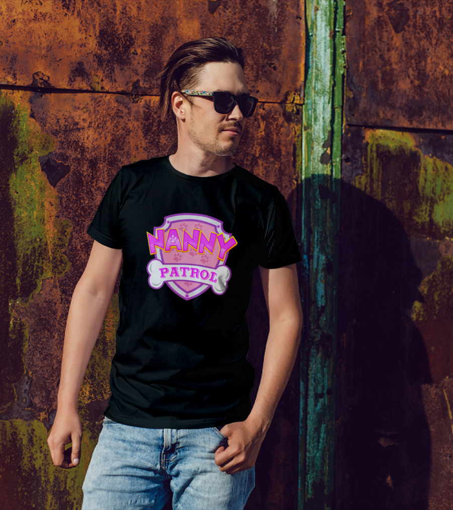 Nanny Patrol Pink Shield With Bone And Paw Prints T-Shirt