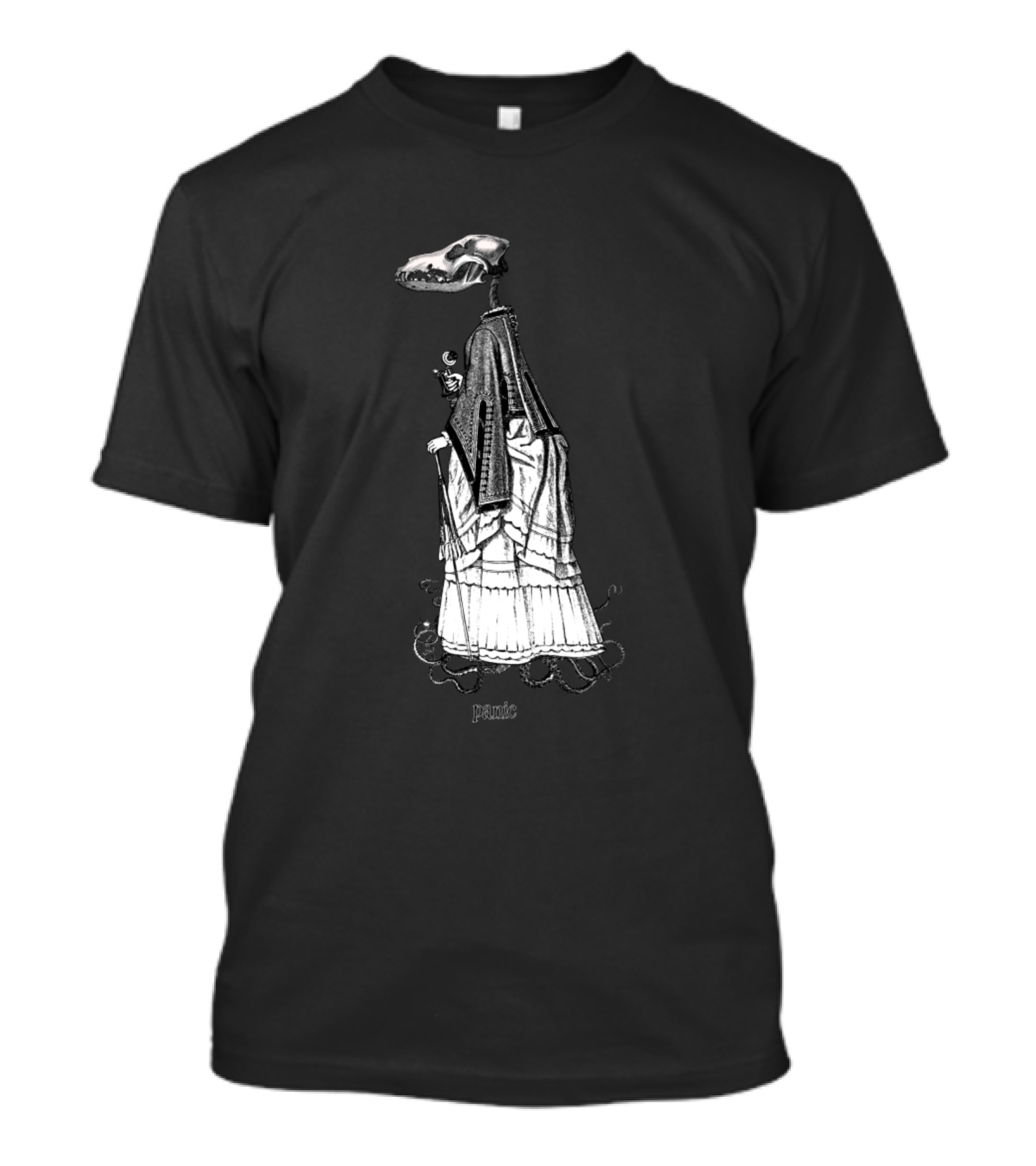 Panic Victorian Skeleton In Formal Gown With Dog Skull Head T-Shirt
