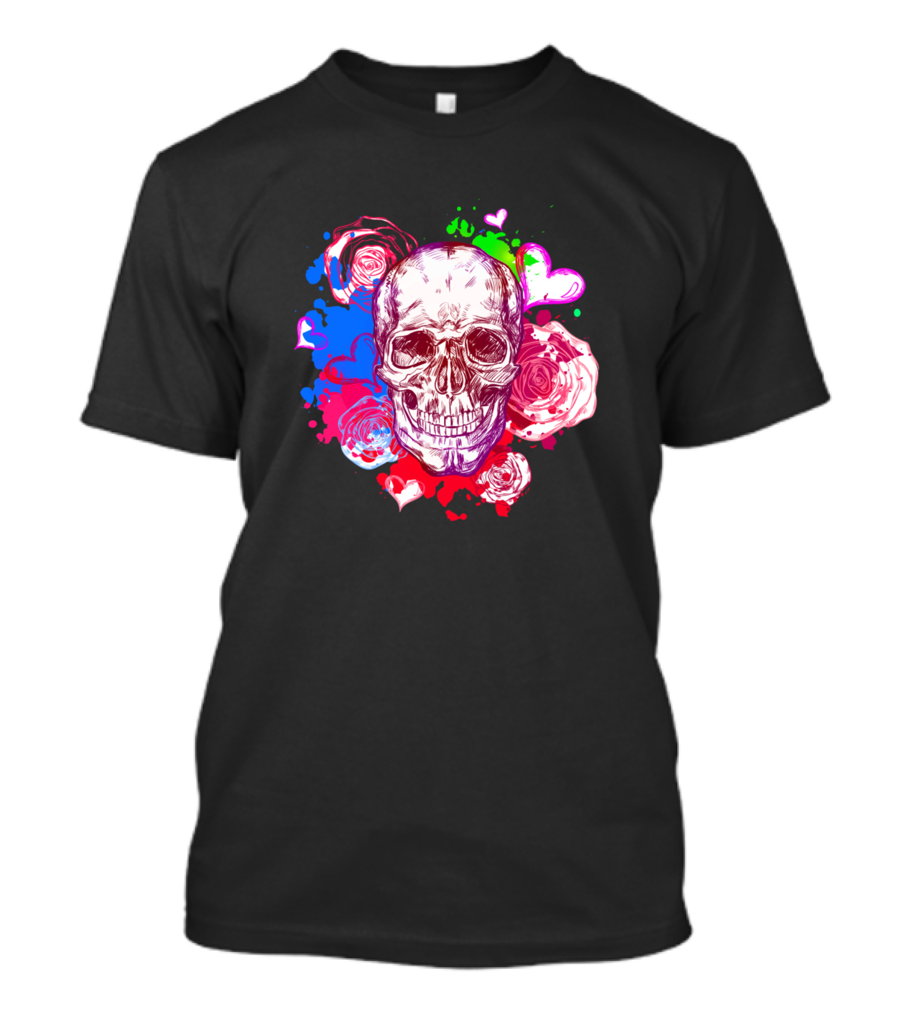 Skull Sketch Multicolor Roses And Hearts T-Shirt