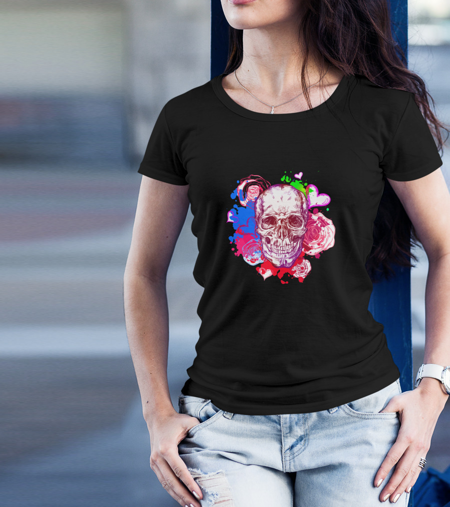 Skull Sketch Multicolor Roses And Hearts T-Shirt