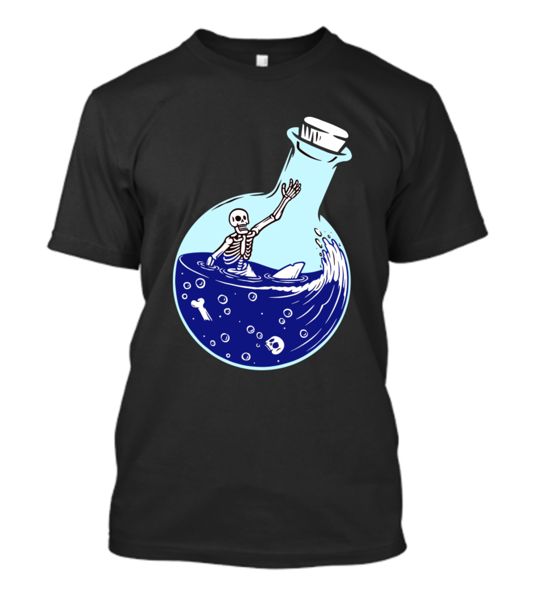 Skull Skeleton In Potion Bottle With Shark Fin And Bones T-Shirt
