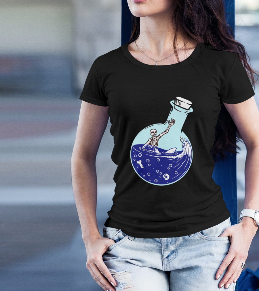 Skull Skeleton In Potion Bottle With Shark Fin And Bones T-Shirt