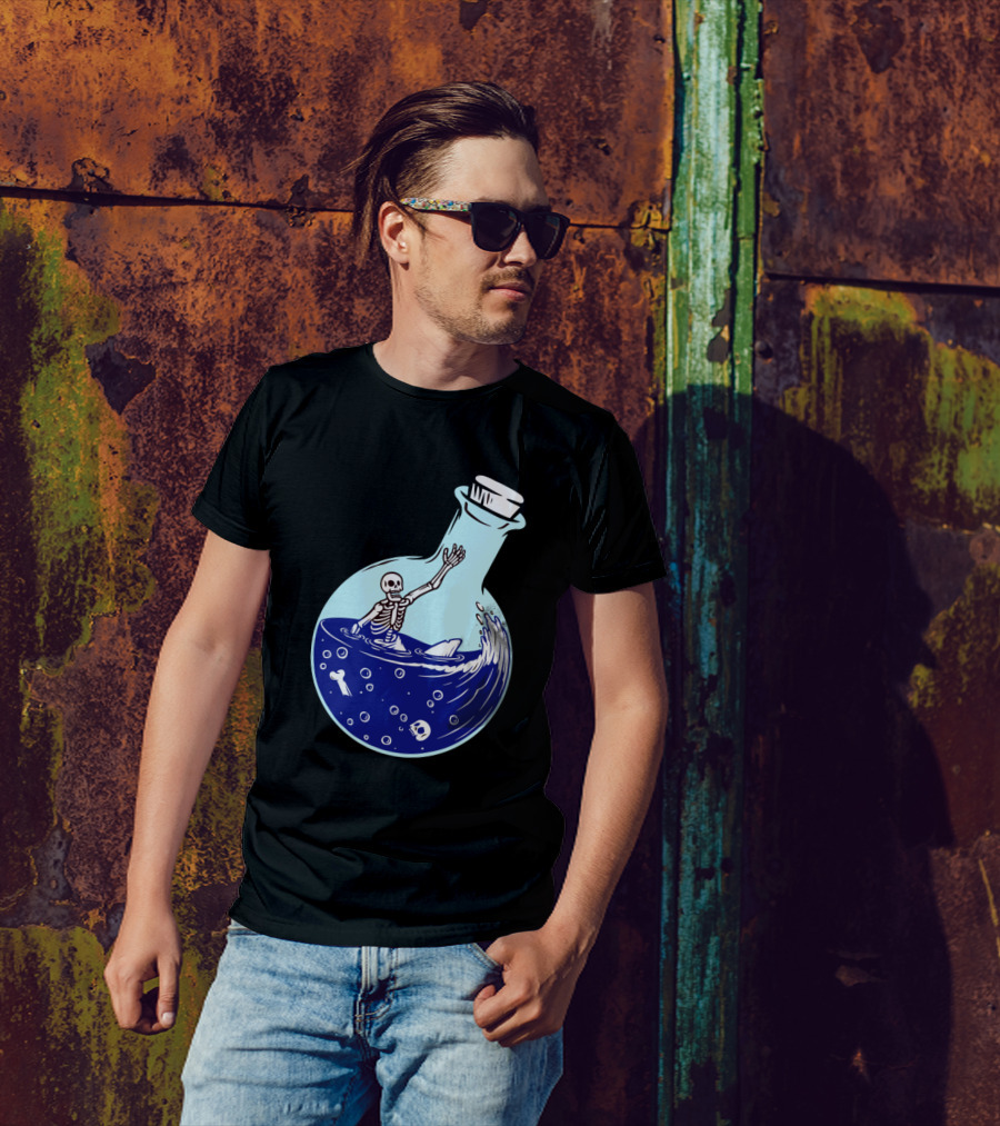 Skull Skeleton In Potion Bottle With Shark Fin And Bones T-Shirt