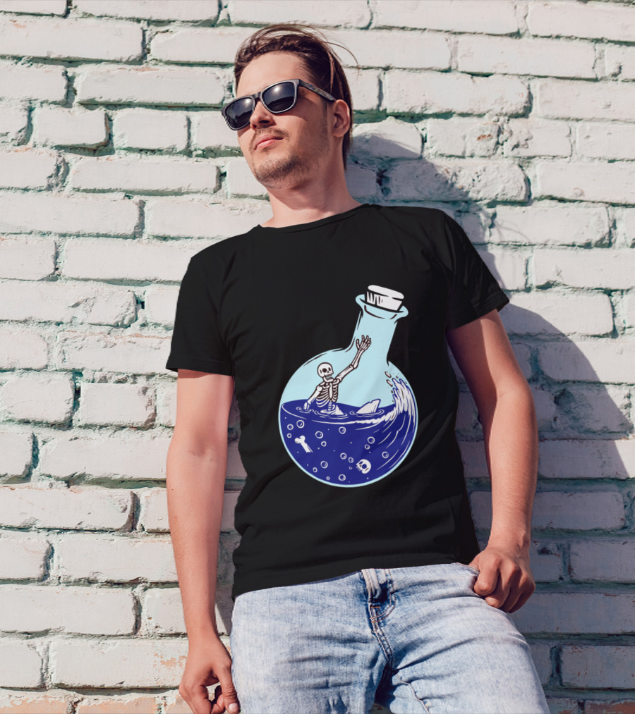 Skull Skeleton In Potion Bottle With Shark Fin And Bones T-Shirt