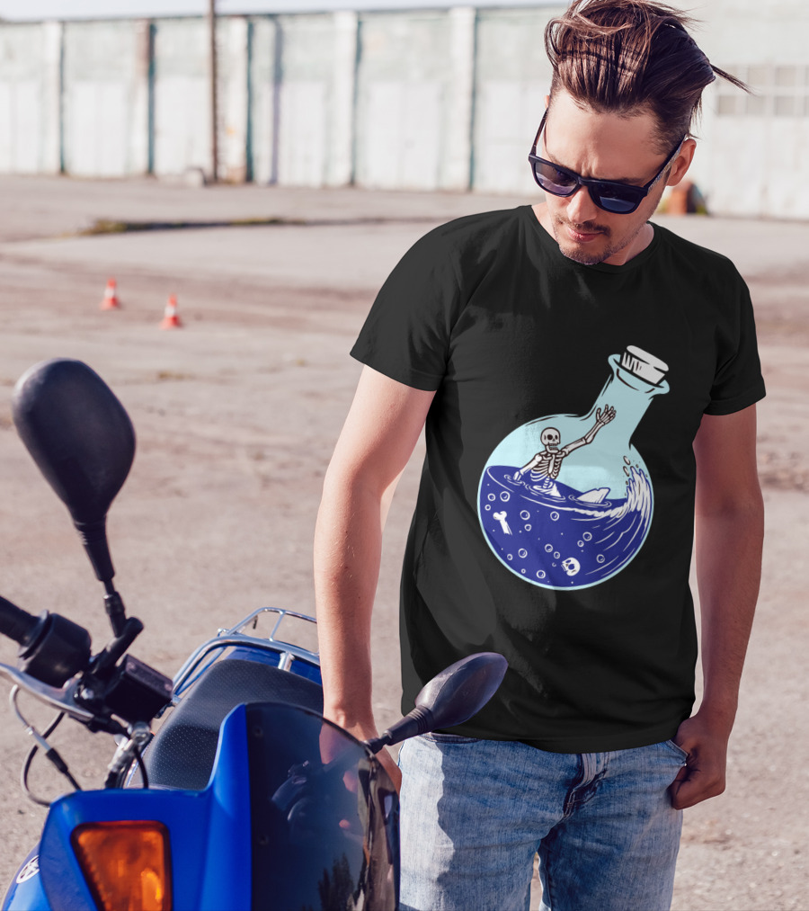 Skull Skeleton In Potion Bottle With Shark Fin And Bones T-Shirt