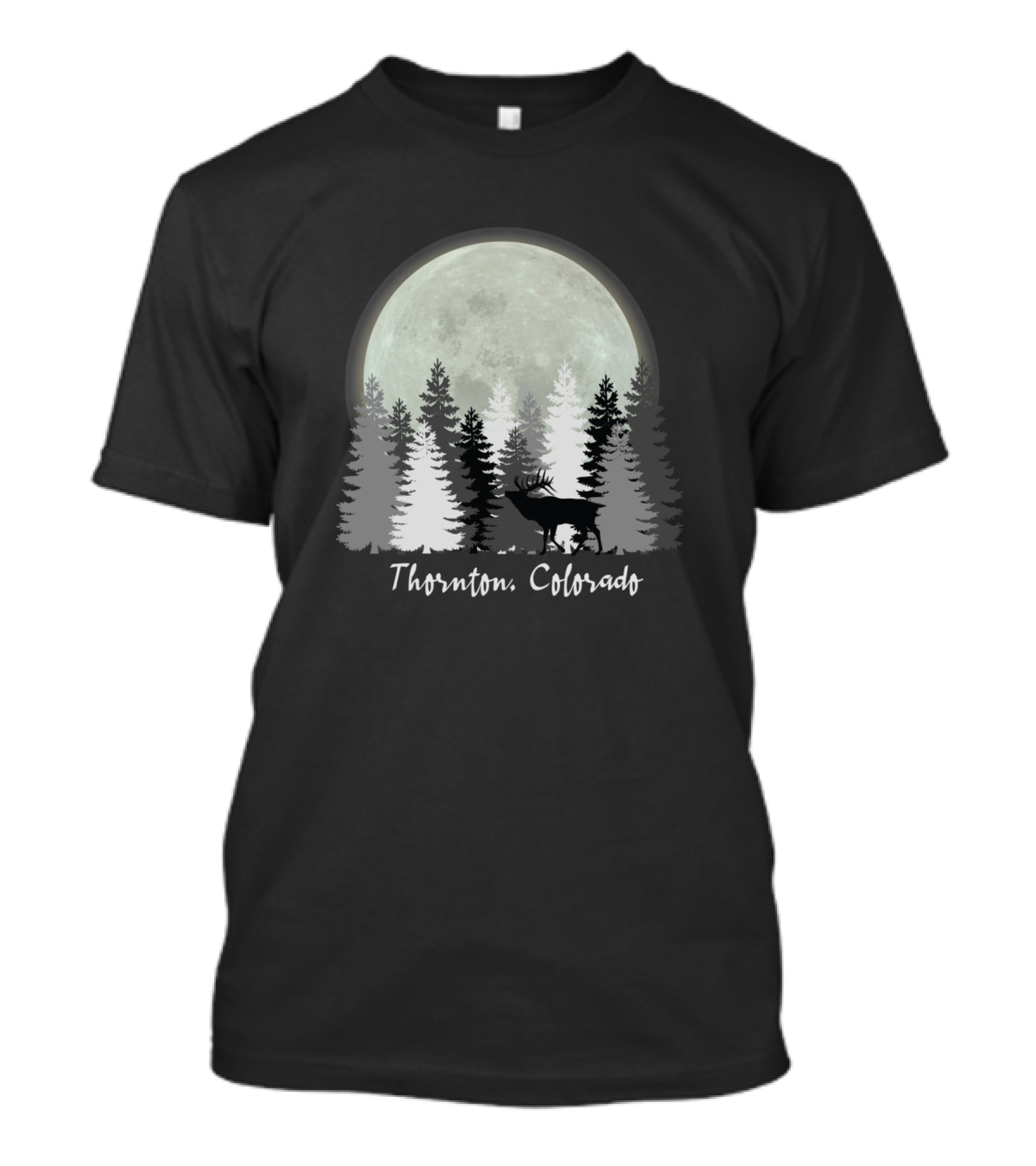Thornton Colorado Moonlit Forest Scene With Elk And Pine Trees T-Shirt