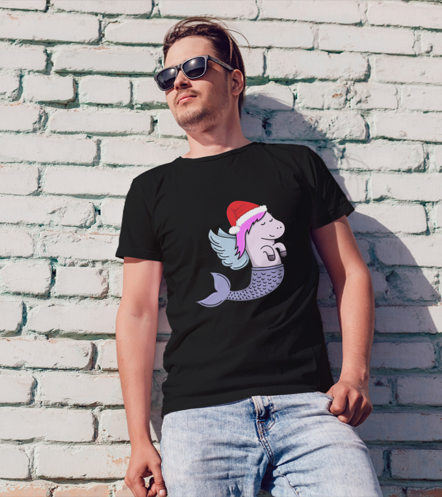 Unicorn Mermaid Santa Hat Holiday Hybrid T-Shirt