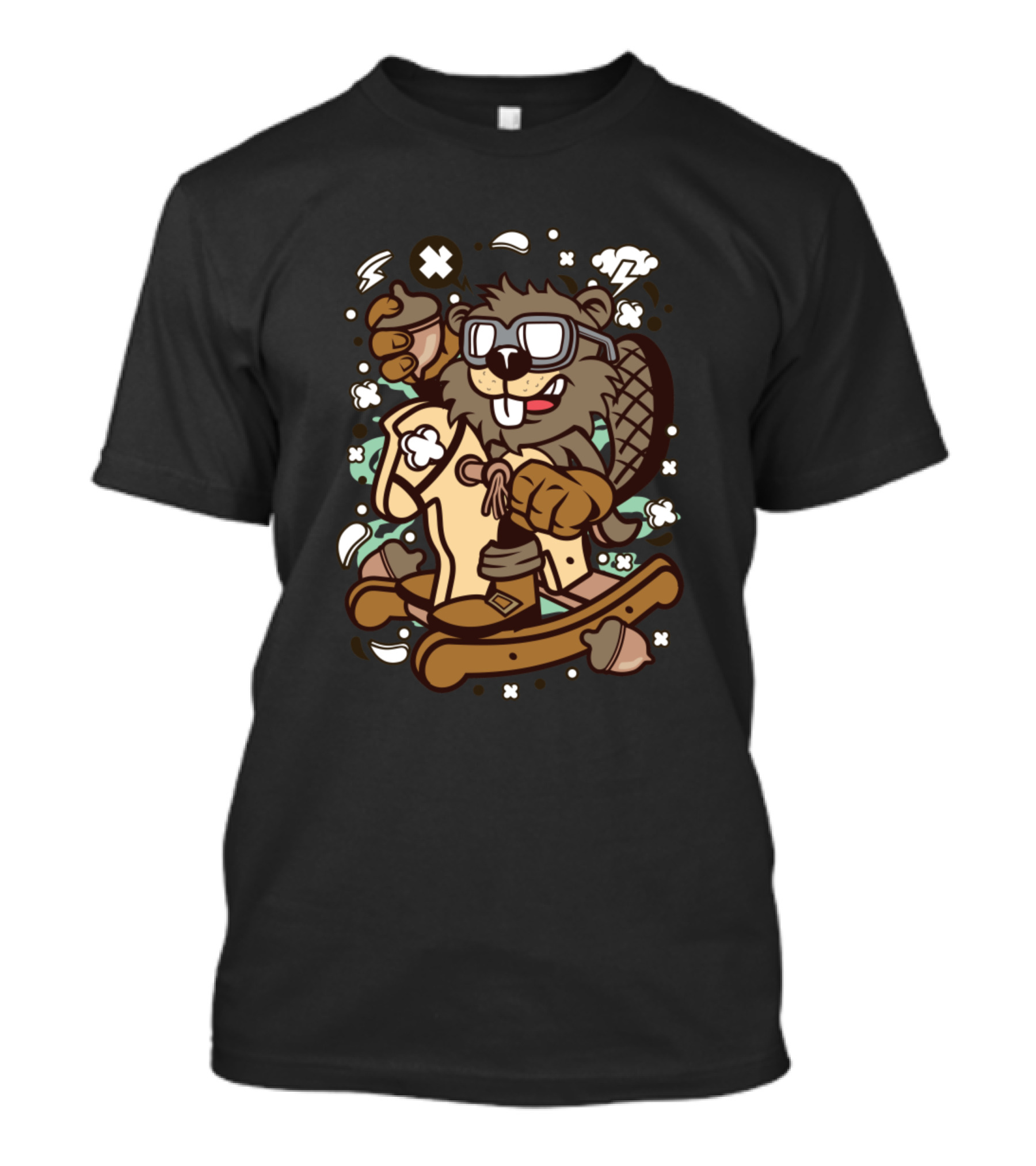 Beaver Riding Rocking Horse With Glasses And Acorns T-Shirt