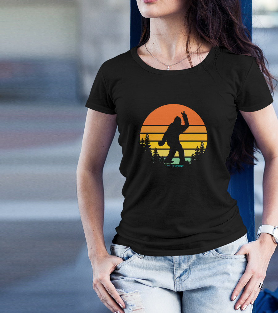 Bigfoot Peace Silhouette Against Striped Sunset T-Shirt