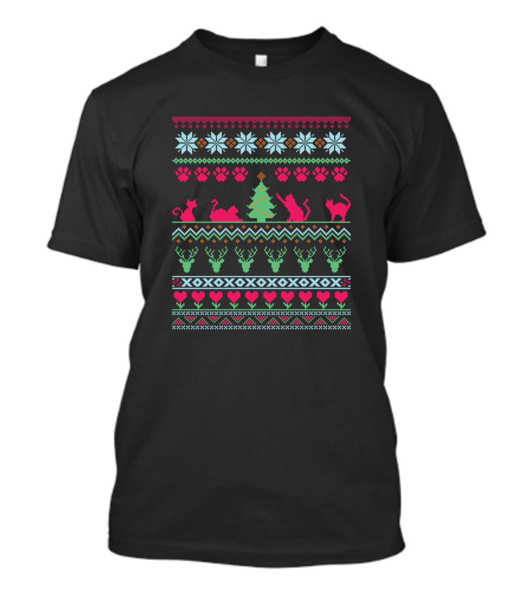 Cats In Festive Christmas Sweater Pattern With Reindeer And Hearts T-Shirt