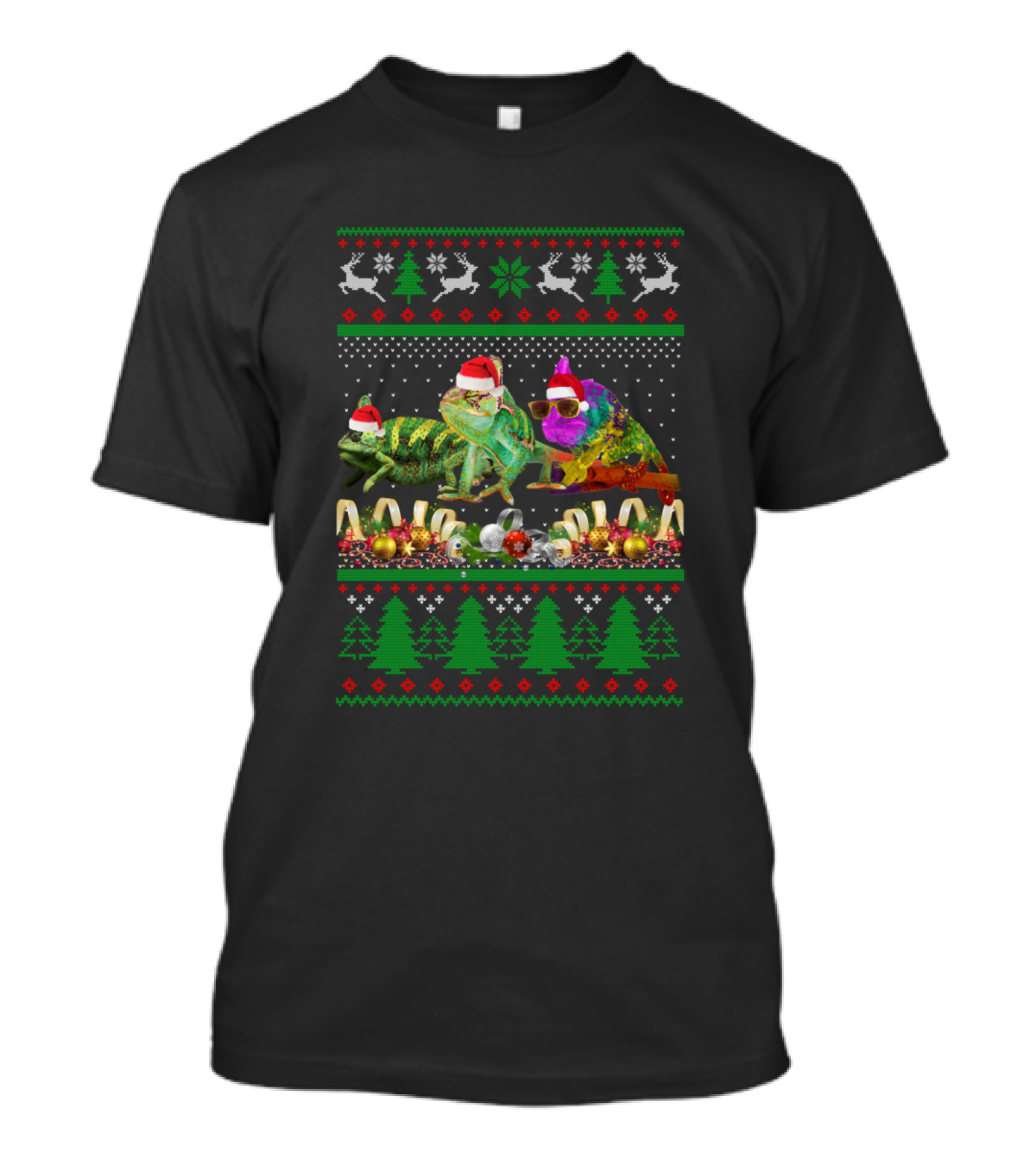 Chameleon Animal Lover Xmas Ugly Christmas Sweater Design With Chameleons In Santa Hats And Holiday Decorations T-Shirt