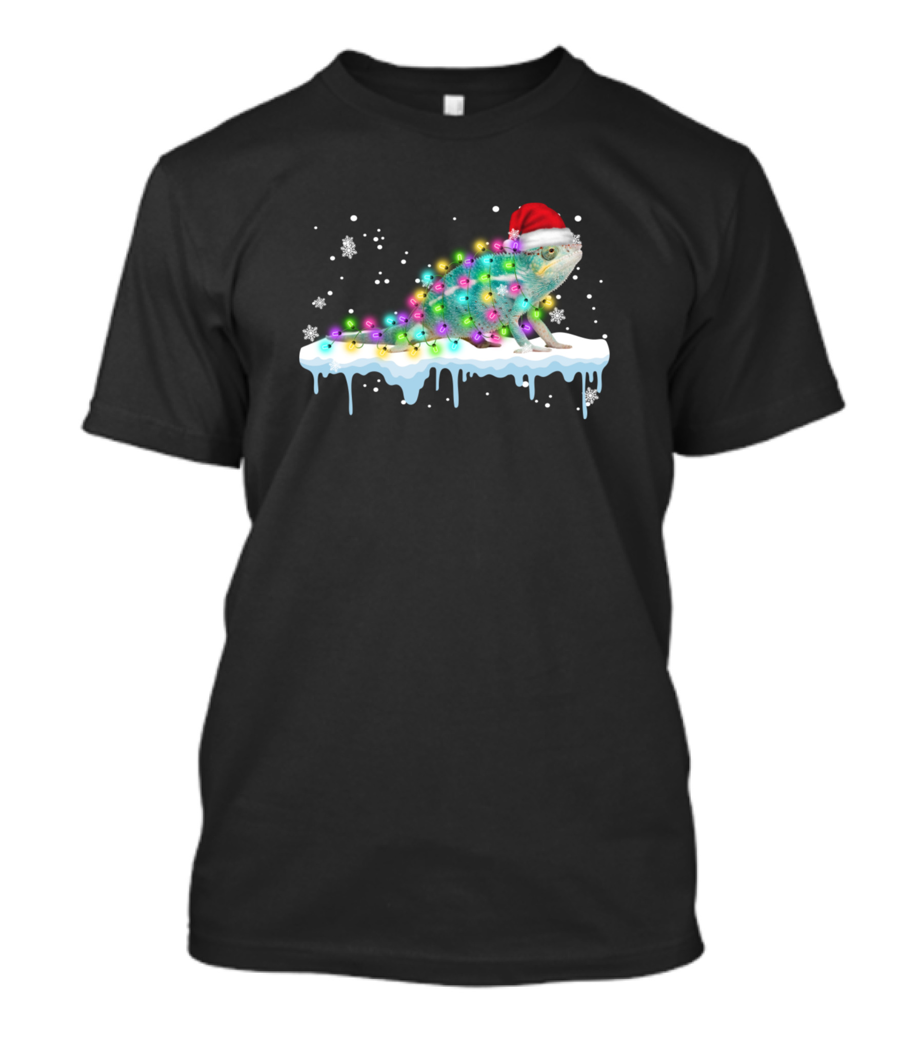 Funny Christmas Chameleon In Santa Hat With Colorful Lights And Snowflakes Lizard T-Shirt