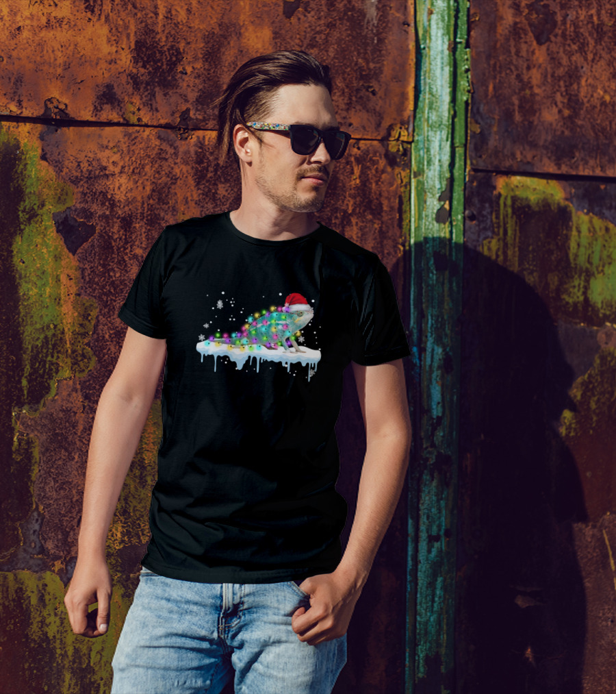 Funny Christmas Chameleon In Santa Hat With Colorful Lights And Snowflakes Lizard T-Shirt