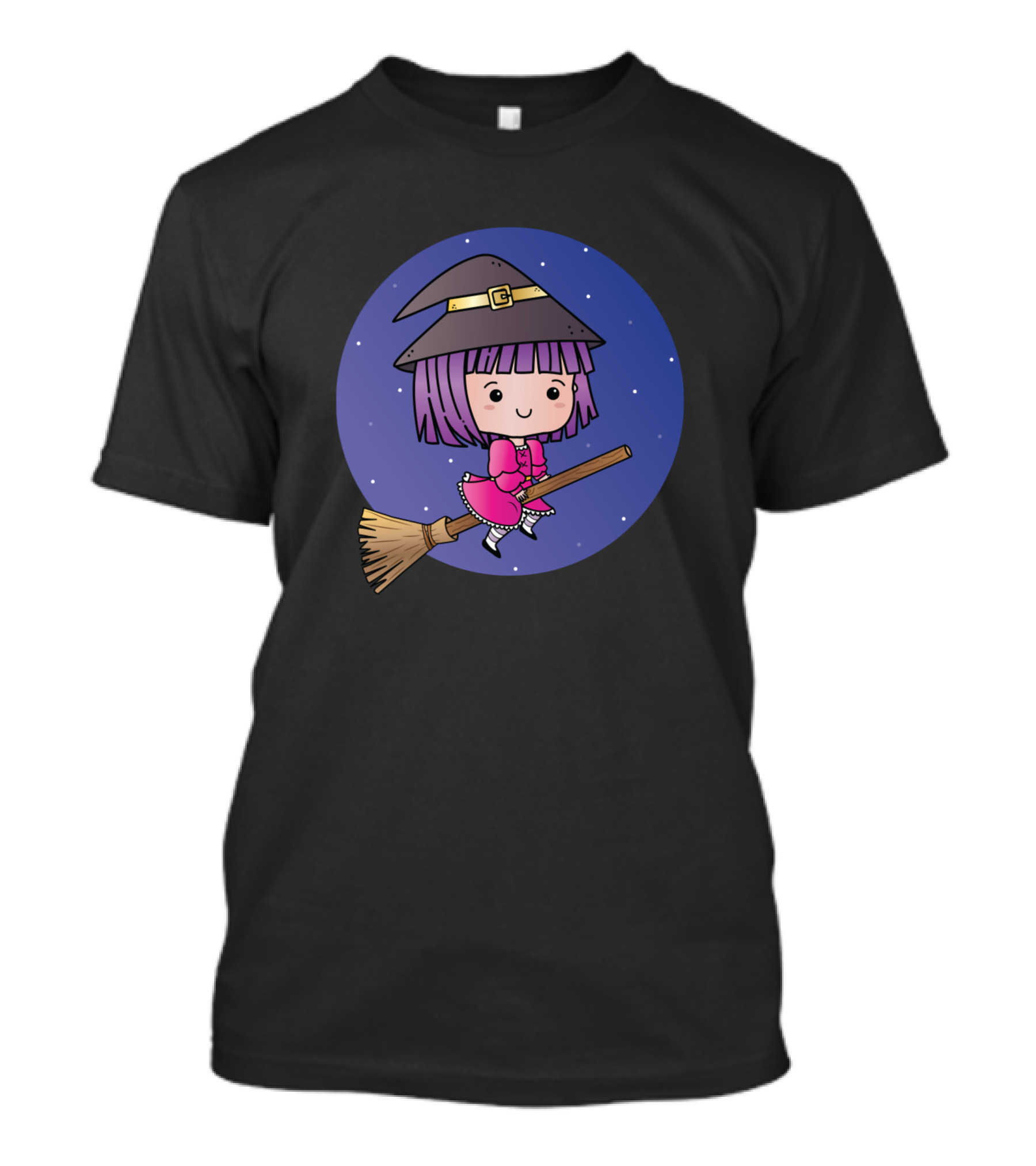 Kawaii Little Witch Flying On Broomstick With Stars T-Shirt