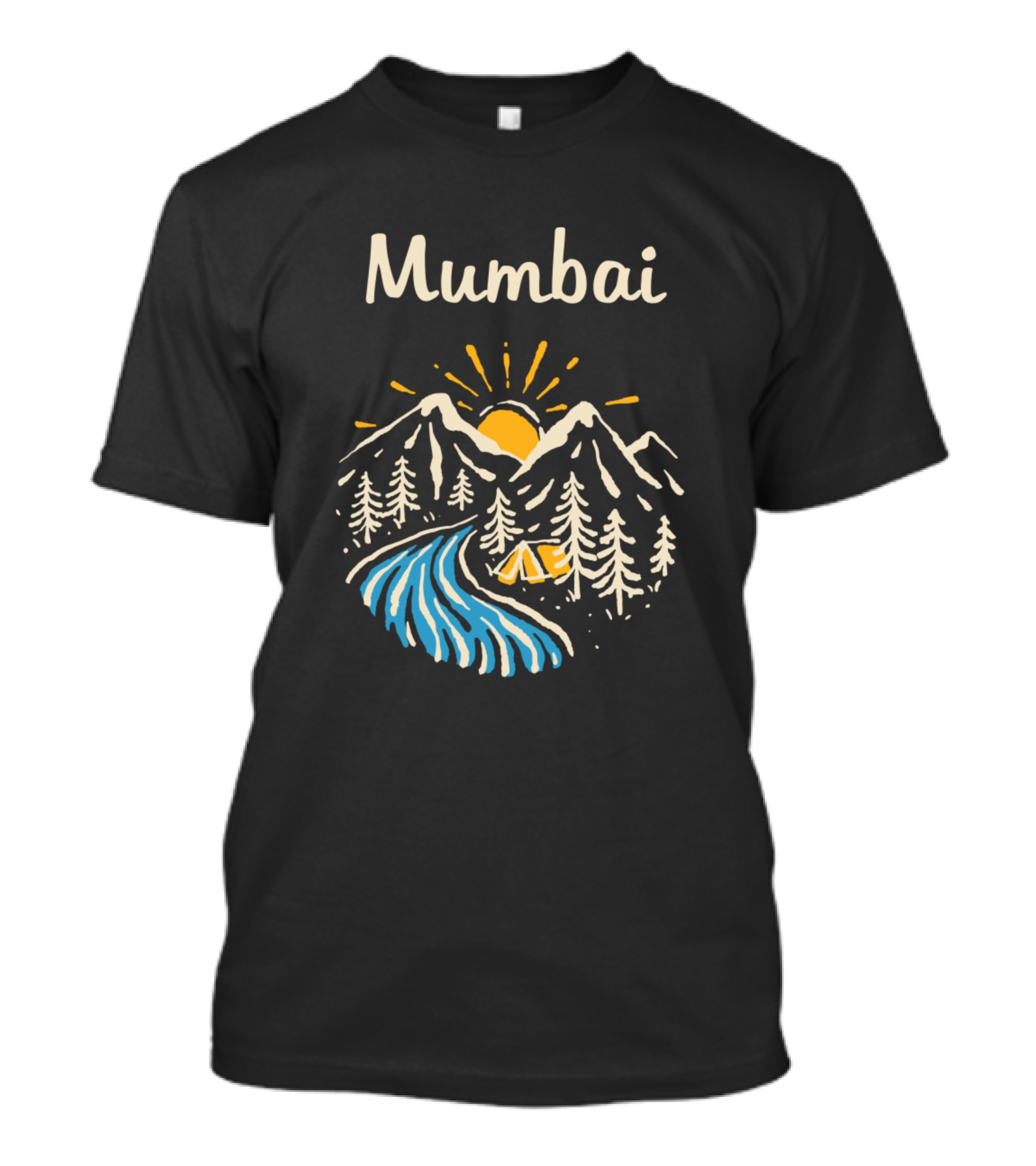 Mumbai Mountains River Sunrise Camping Scene T-Shirt