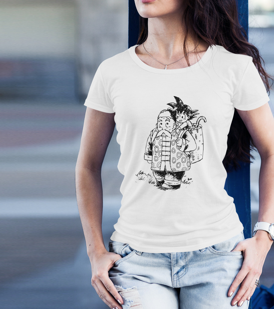 Dragon Ball Kid Goku With Grandpa Gohan Black And White Sketch T-Shirt