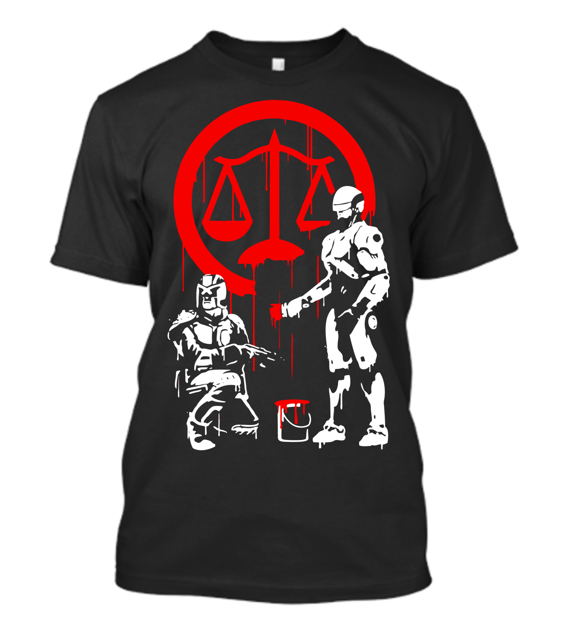 Robotic Justice Meets Dystopian Law Enforcement Scales Icon In Red Dripping Paint T-Shirt