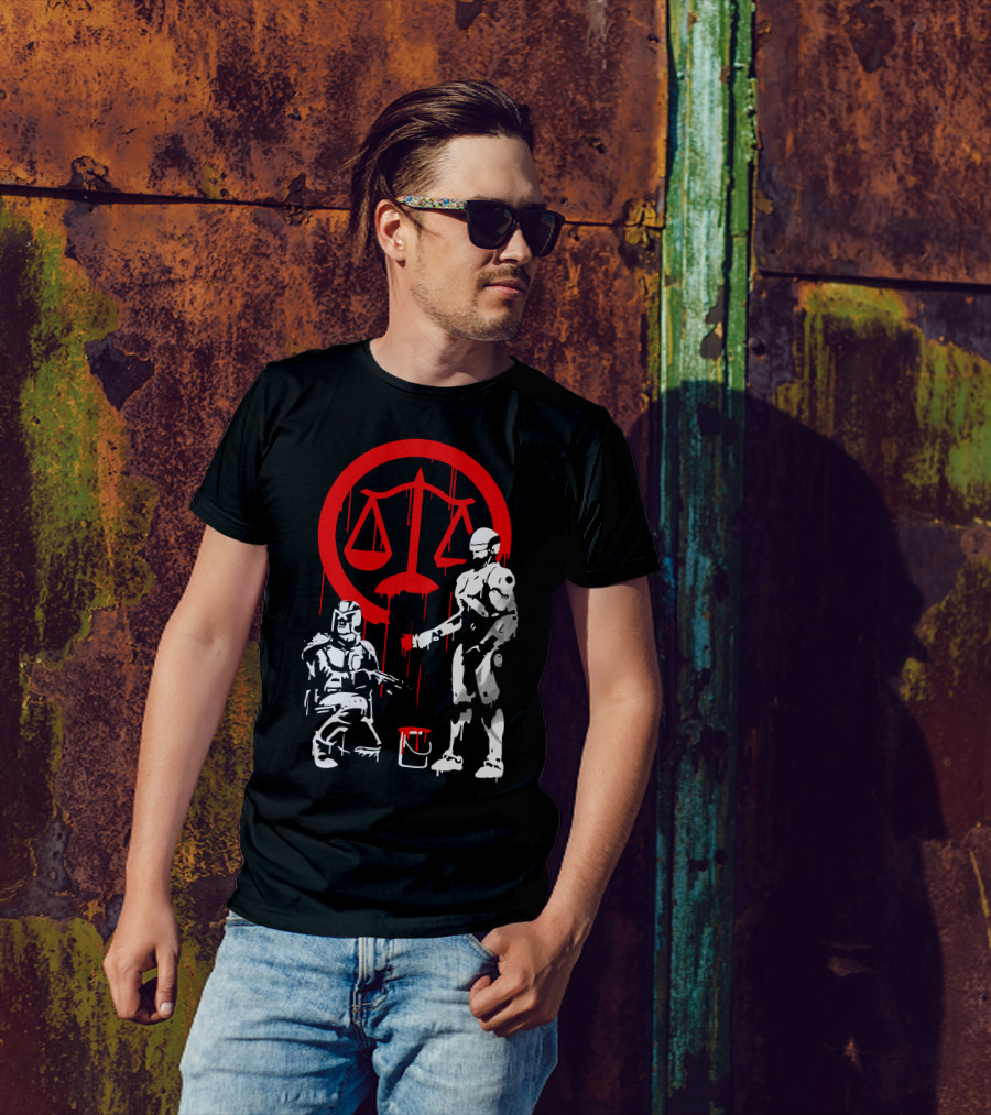 Robotic Justice Meets Dystopian Law Enforcement Scales Icon In Red Dripping Paint T-Shirt
