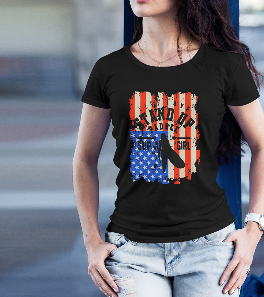 Live Love Stand Up Paddle SUP Girl USA Flag T-Shirt