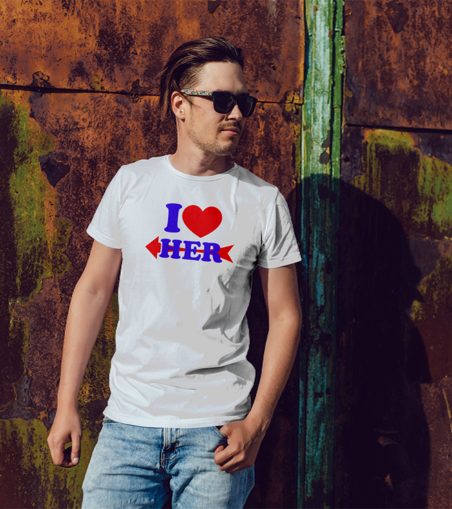 I Love Her Red Heart Blue Text T-Shirt