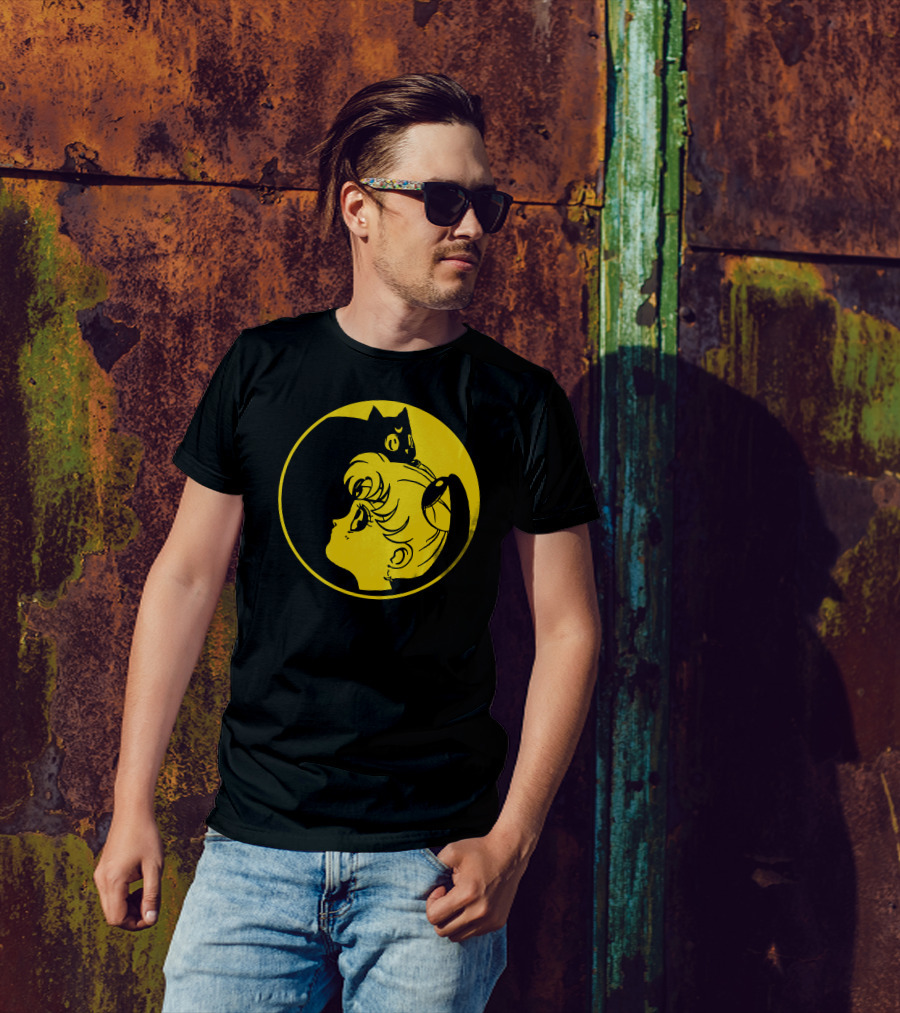 Sailor Moon And Luna Silhouetted Against Yellow Circle T-Shirt