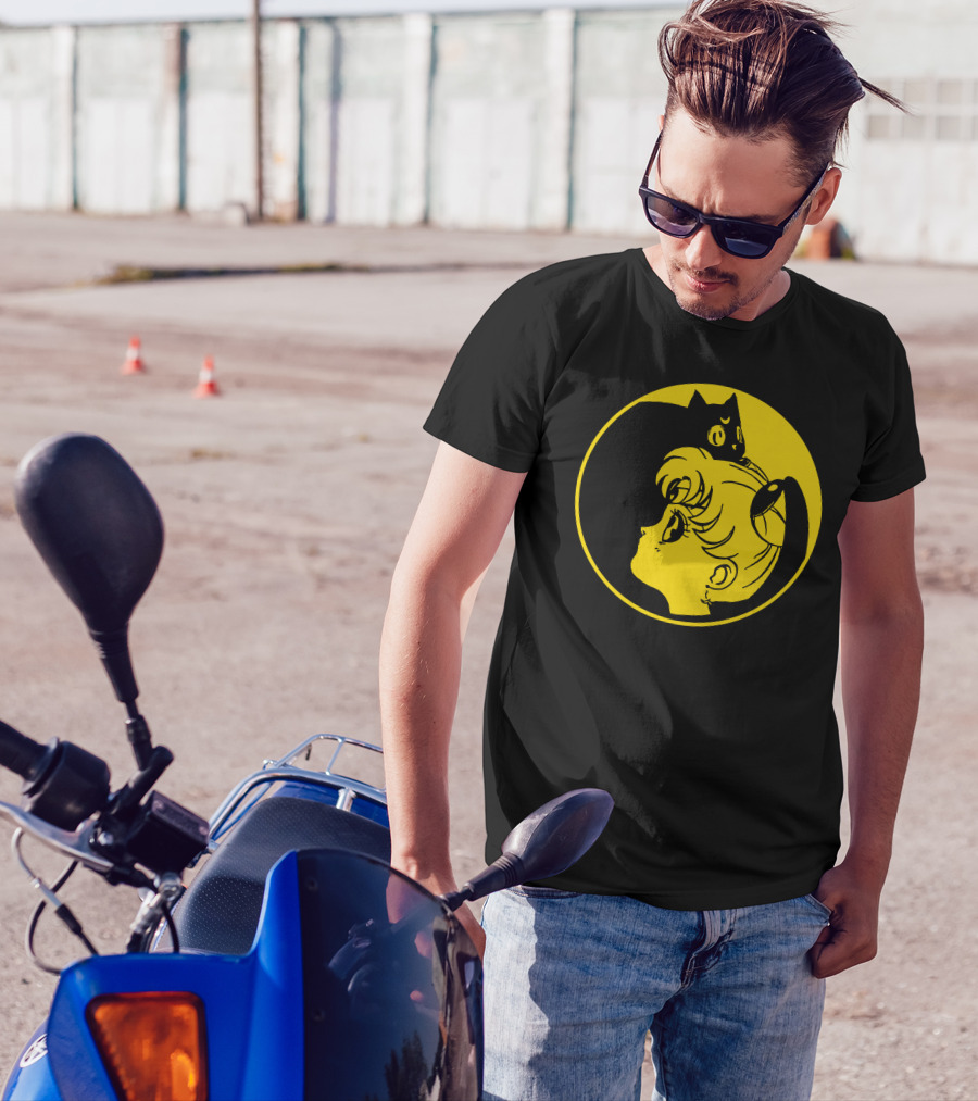 Sailor Moon And Luna Silhouetted Against Yellow Circle T-Shirt