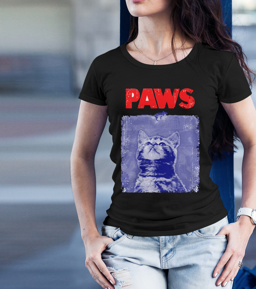 Paws Cat Retro Style Blue Background T-Shirt