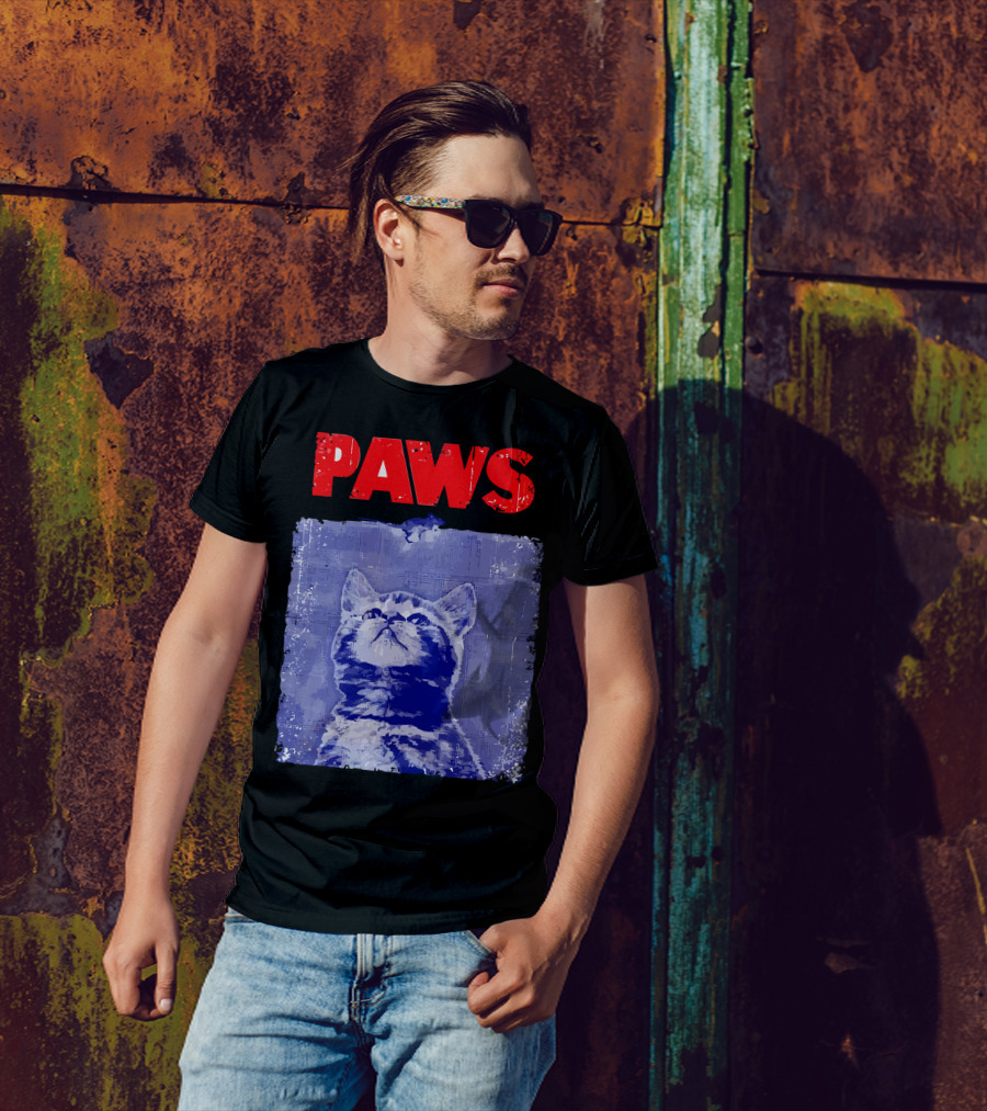 Paws Cat Retro Style Blue Background T-Shirt