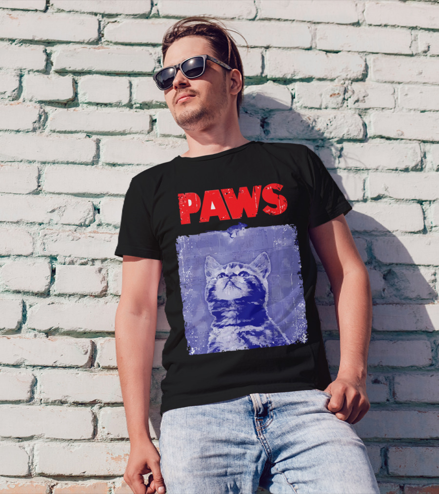 Paws Cat Retro Style Blue Background T-Shirt