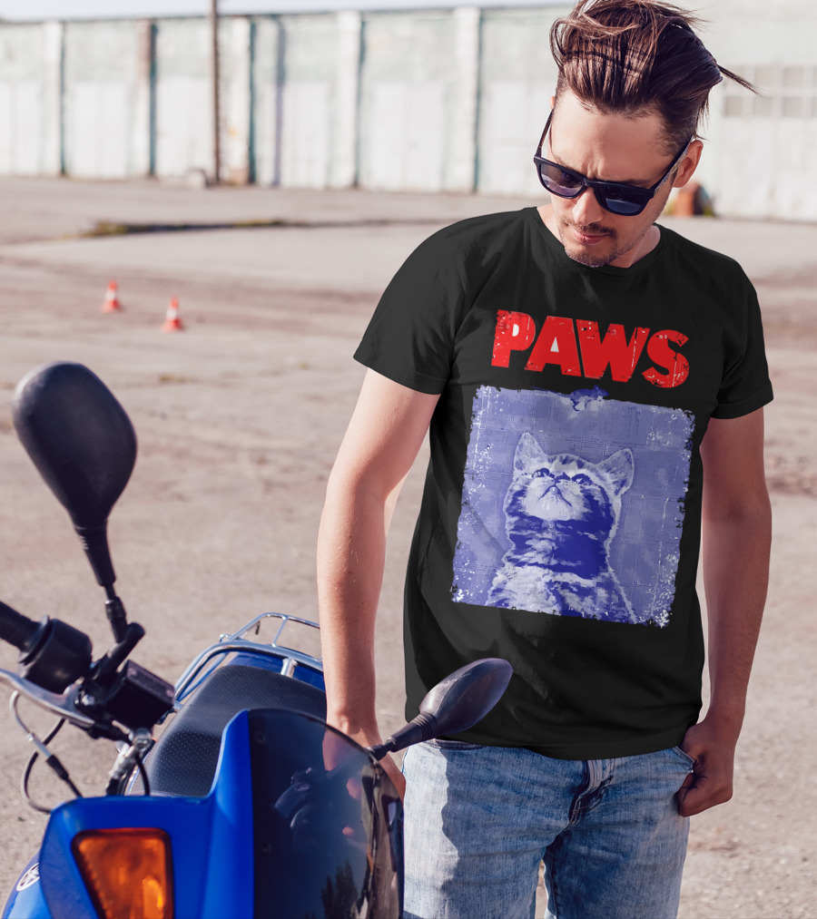 Paws Cat Retro Style Blue Background T-Shirt