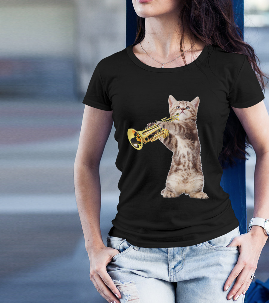 Vintage Cat Playing Trumpet For Birthday Christmas T-Shirt